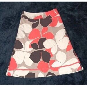 Cato Linen Blend Lined ALine Midi Skirt 4 Coral Gray Leaf Office Siren Retro Mod